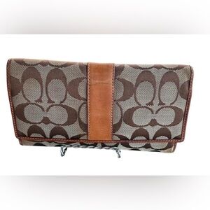 Vntg Y2K Coach Signature Canvas & Leather Tri-Fold Wallet. Brown/Tan. 7.75”x4.5”